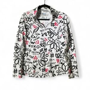 IBKUL Womens Graffiti Print Quarter Zip Mock Neck Sun Shirt White Pink Medium
